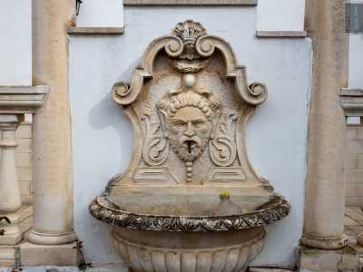L�acqua sgorga da un grande mascherone e fluisce in una vasca a forma di conchiglia, sui cui lati due colonne reggono un frontone e uno snello arco decorativo